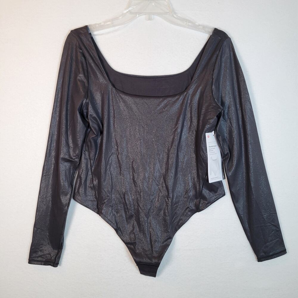 Lululemon Women Wunderlust Square Neck Bodysuit Size XL Black Shiny Pilates Yoga